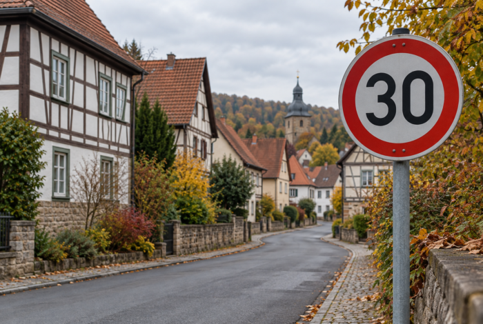 Tempo-30-Schild in einer Dorfstraße