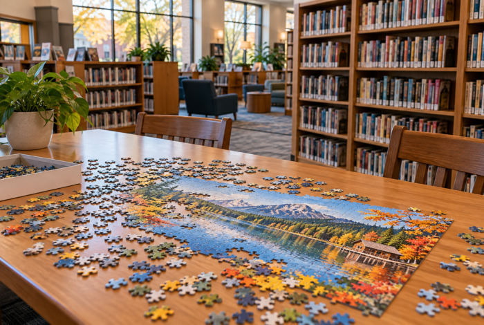 Puzzle auf einem Tisch in der Bibliothek