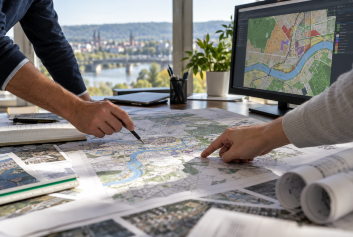 Karten und Geodaten auf einem Planungstisch