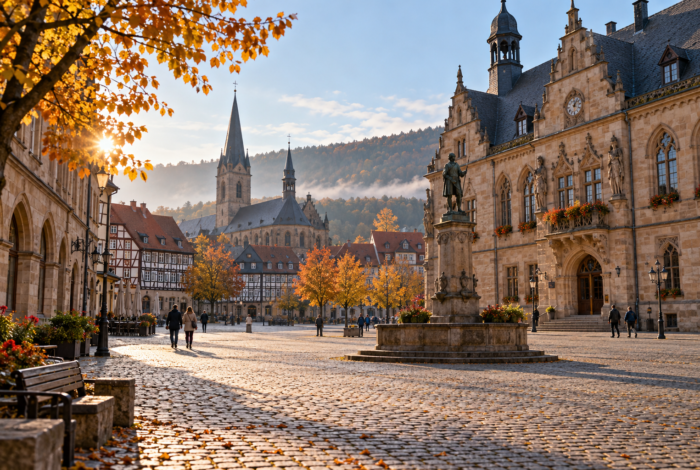 Illustration einer historischen Stadtansicht am Morgen