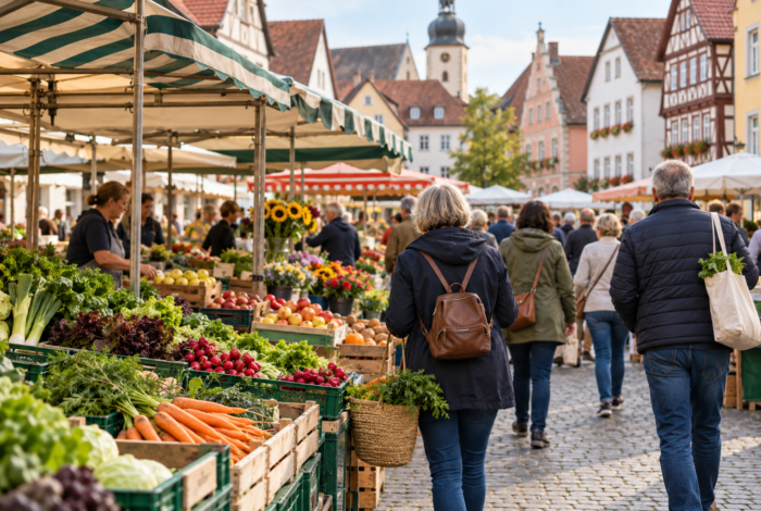 Illustration eines Wochenmarkts in einer europäischen Stadt